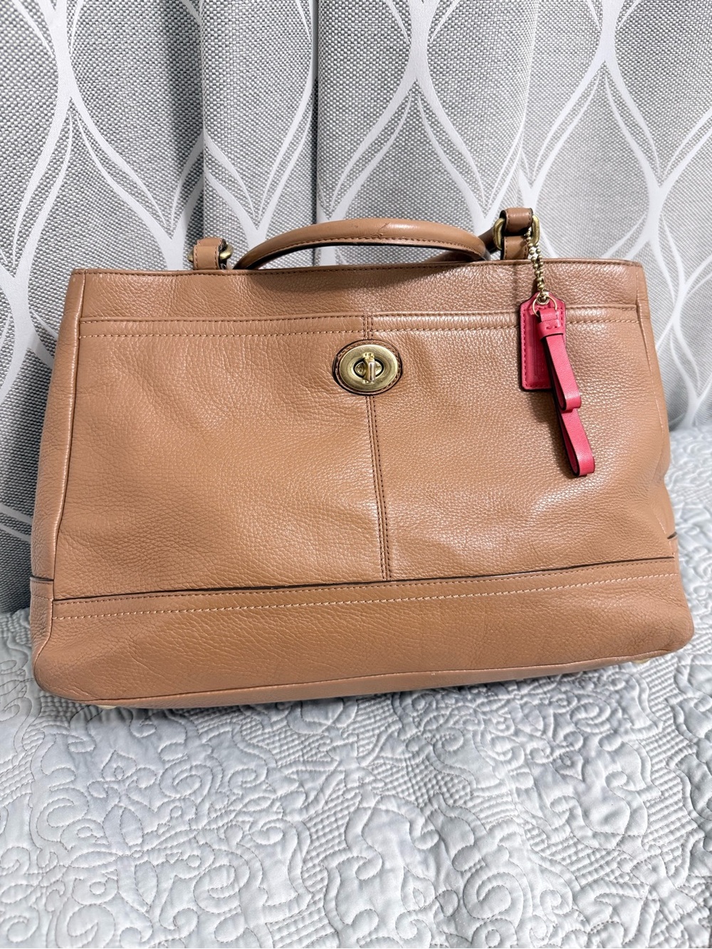 Coach Tan Pebbled Leather Satchel with Red tag F23268